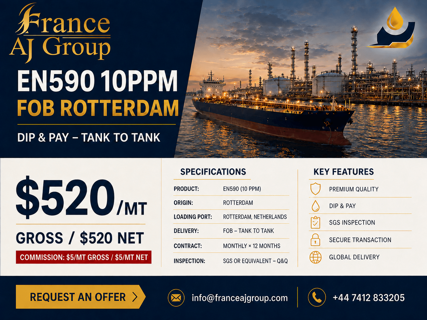 EN590 10PPM Diesel FOB Rotterdam – Dip & Pay Tank-to-Tank Supply