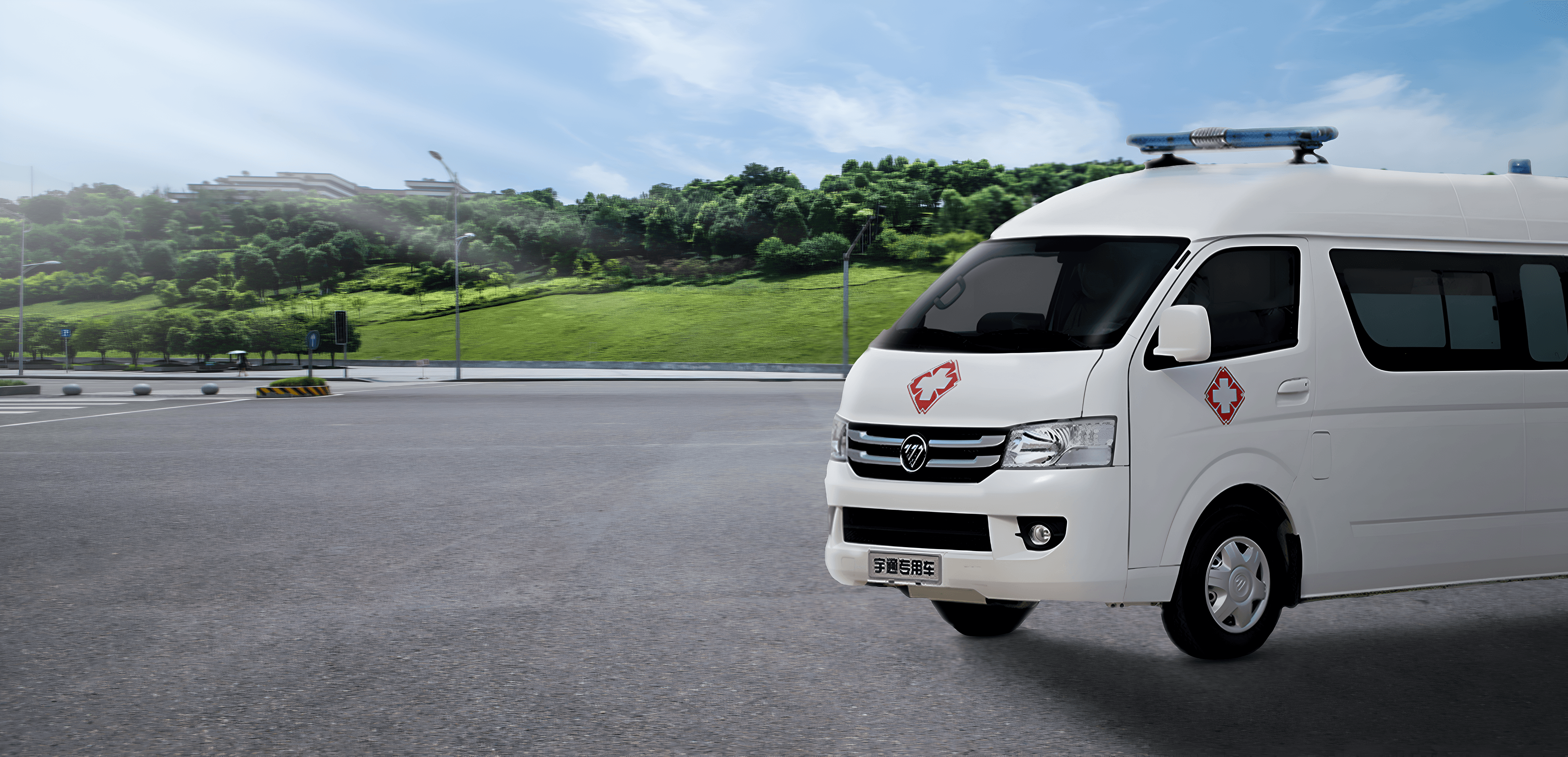 Foton G7 monitoring ambulance — exterior banner, right-side profile | France AJ Group