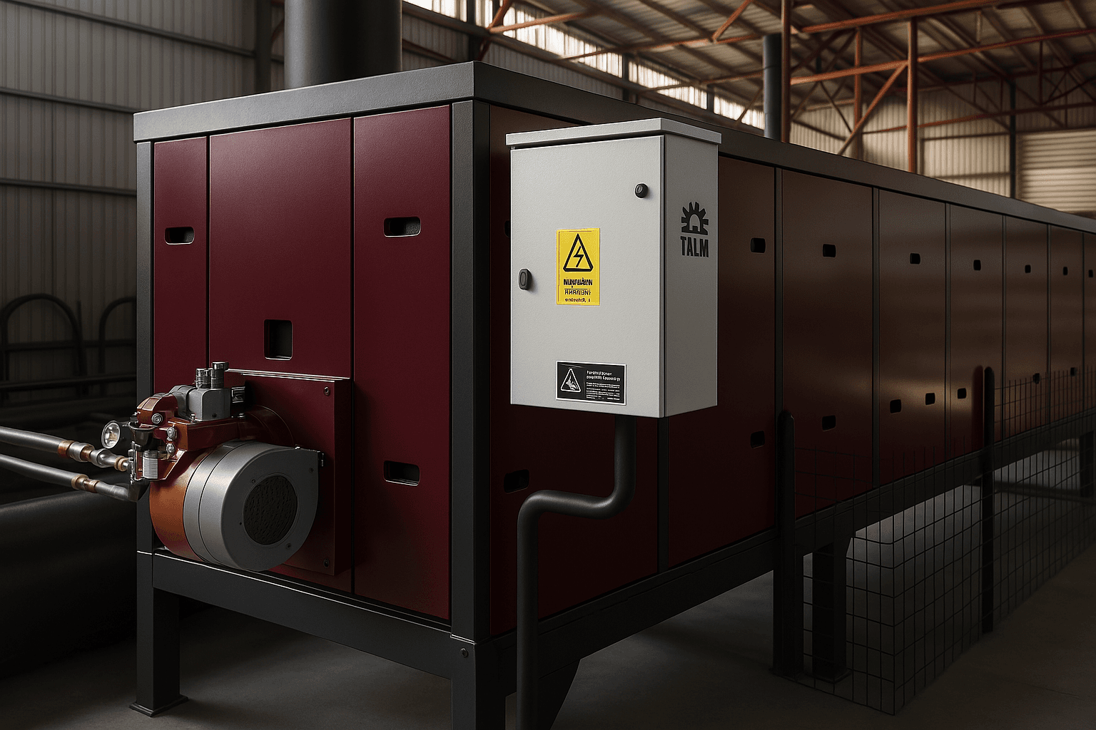 Industrial rotary drum incinerator unit at an outdoor installation site