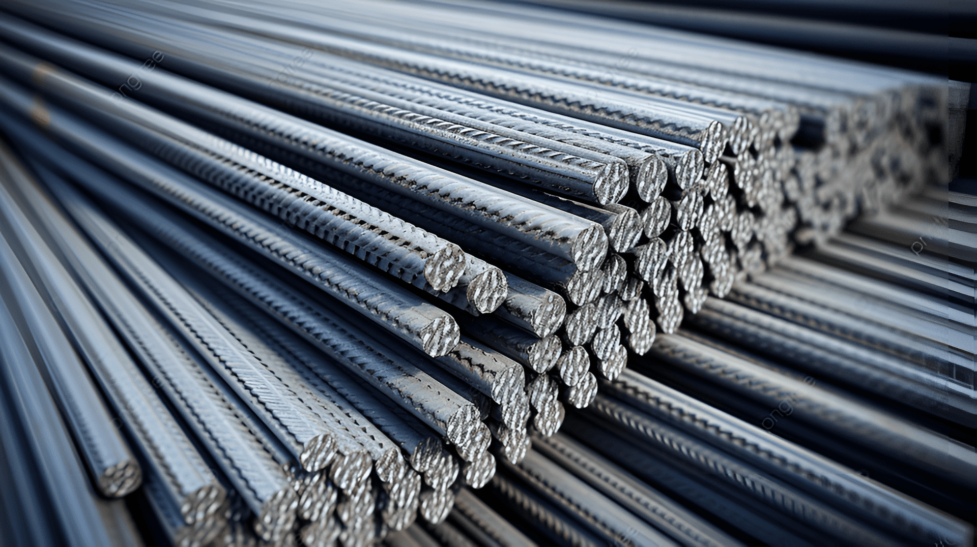 Bundled deformed steel rebar stacked at a construction materials yard