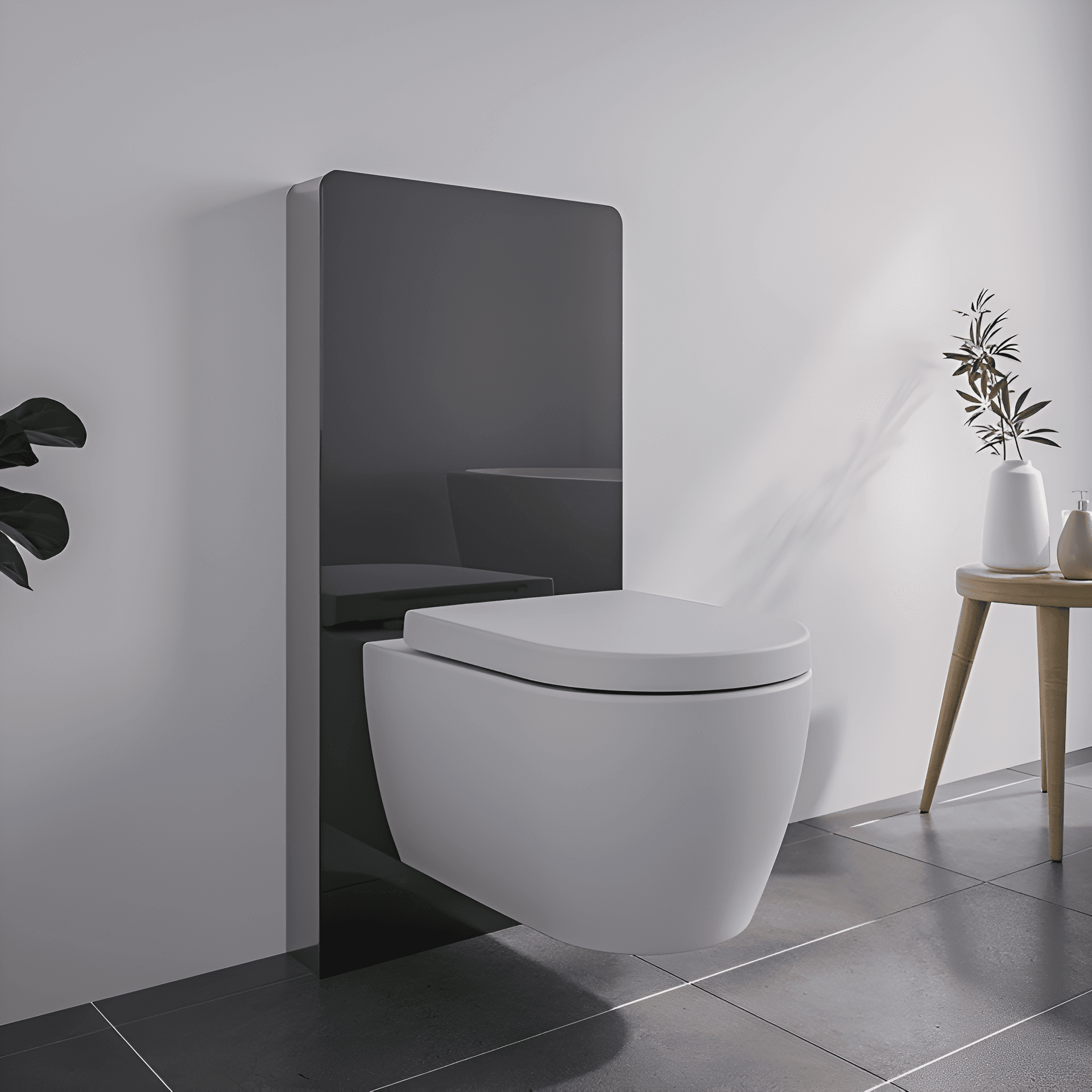 Wall-hung toilet with concealed cistern and freestanding bathtub in a fitted bathroom