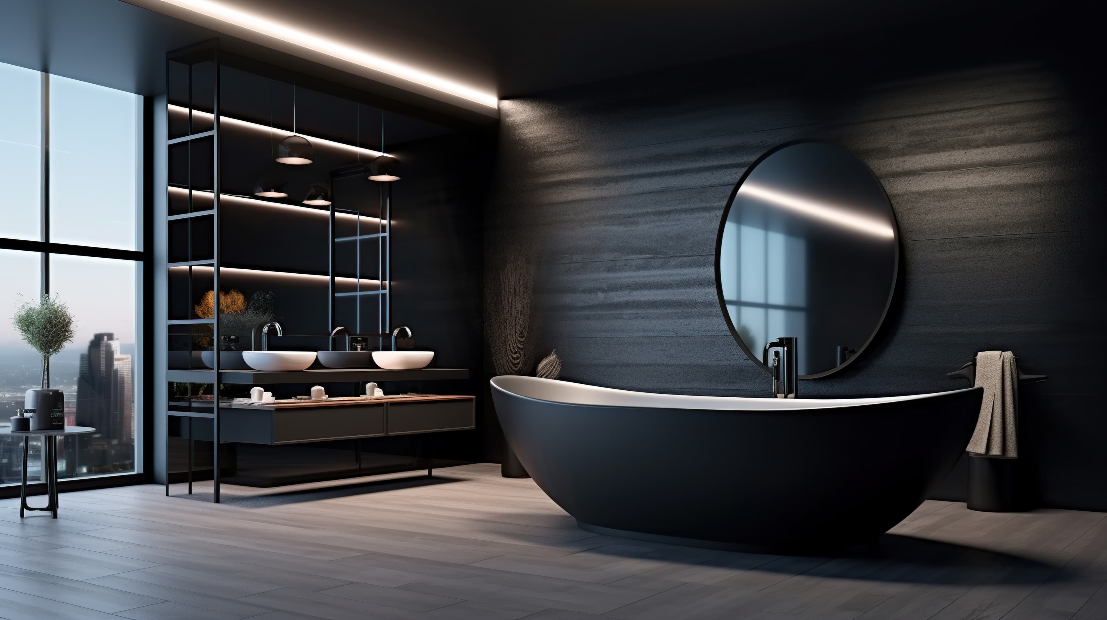 Marble bathroom interior with floor-to-ceiling stone wall cladding and wall-mounted fixtures